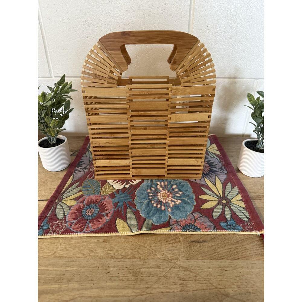 Large Bamboo Tote Natural Tone Wood Tote Rectangle Slots 12x10x4 NWT